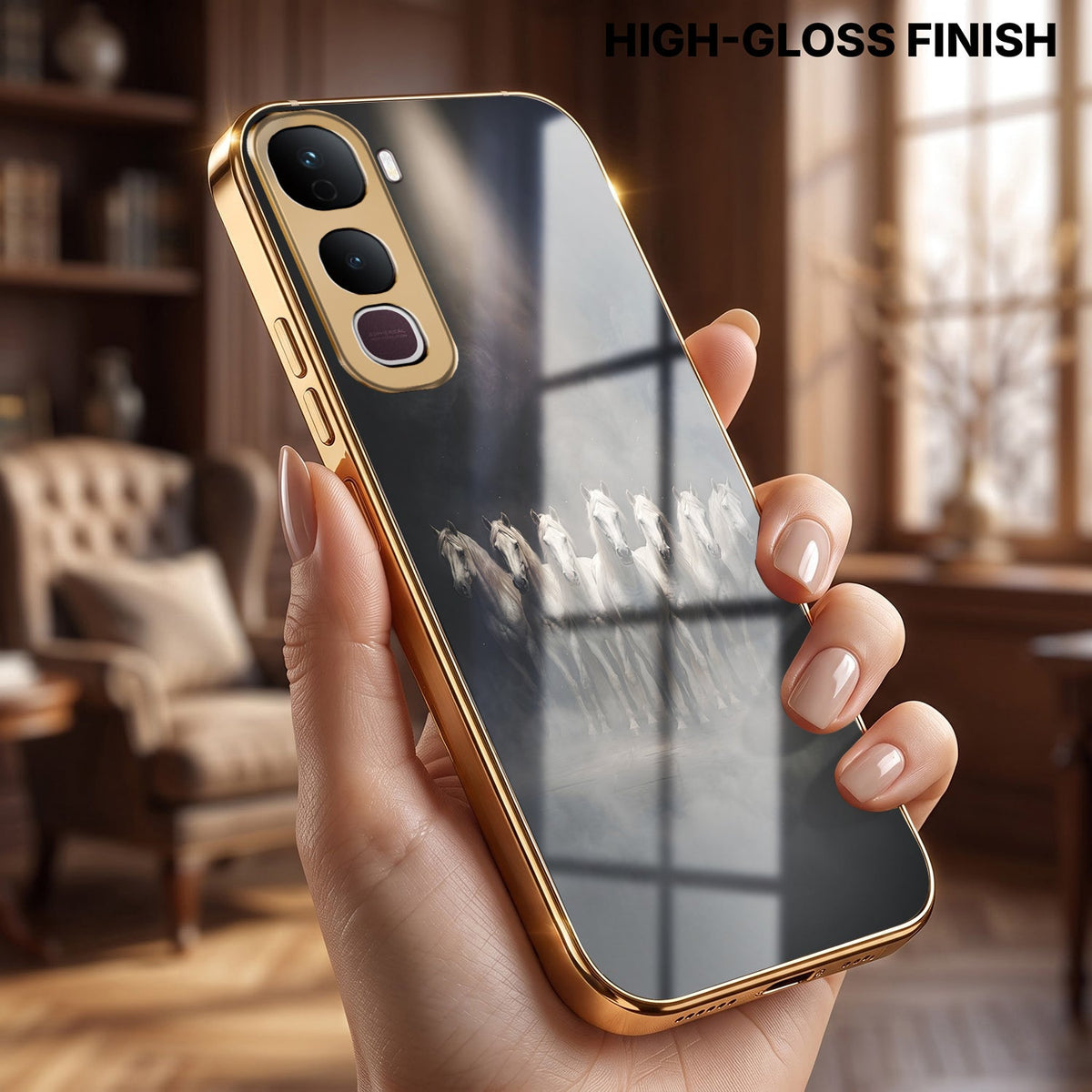 Vivo Y400 Pro 5G Running Horses Gold Electroplated Glass Phone Back Case