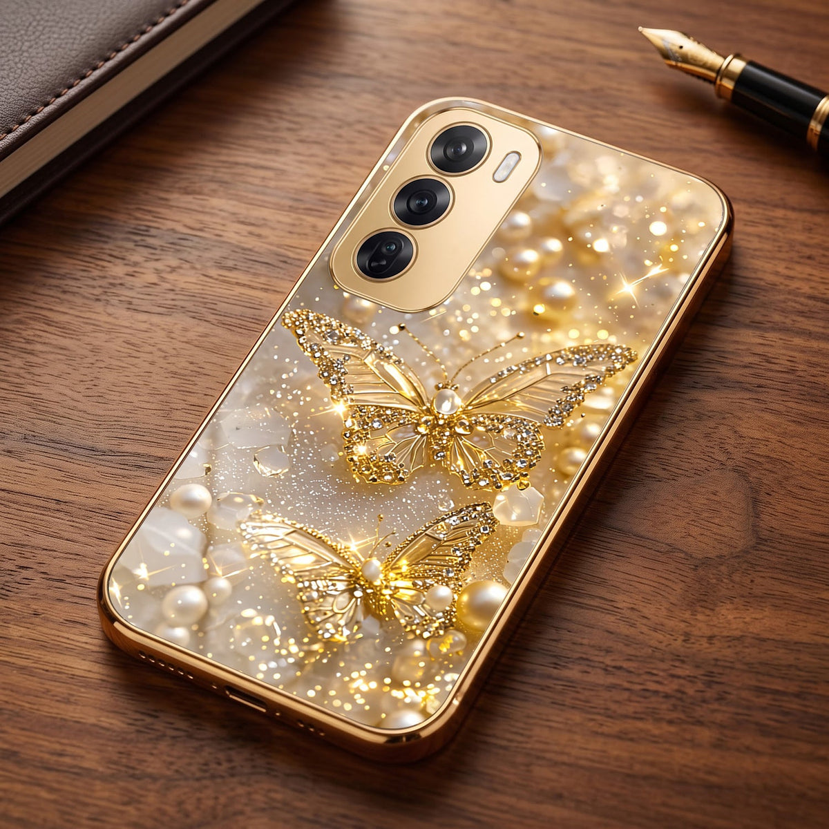 Oppo Reno 12 Pro 5G Golden Butterfly Gold Electroplated Glass Phone Back Case