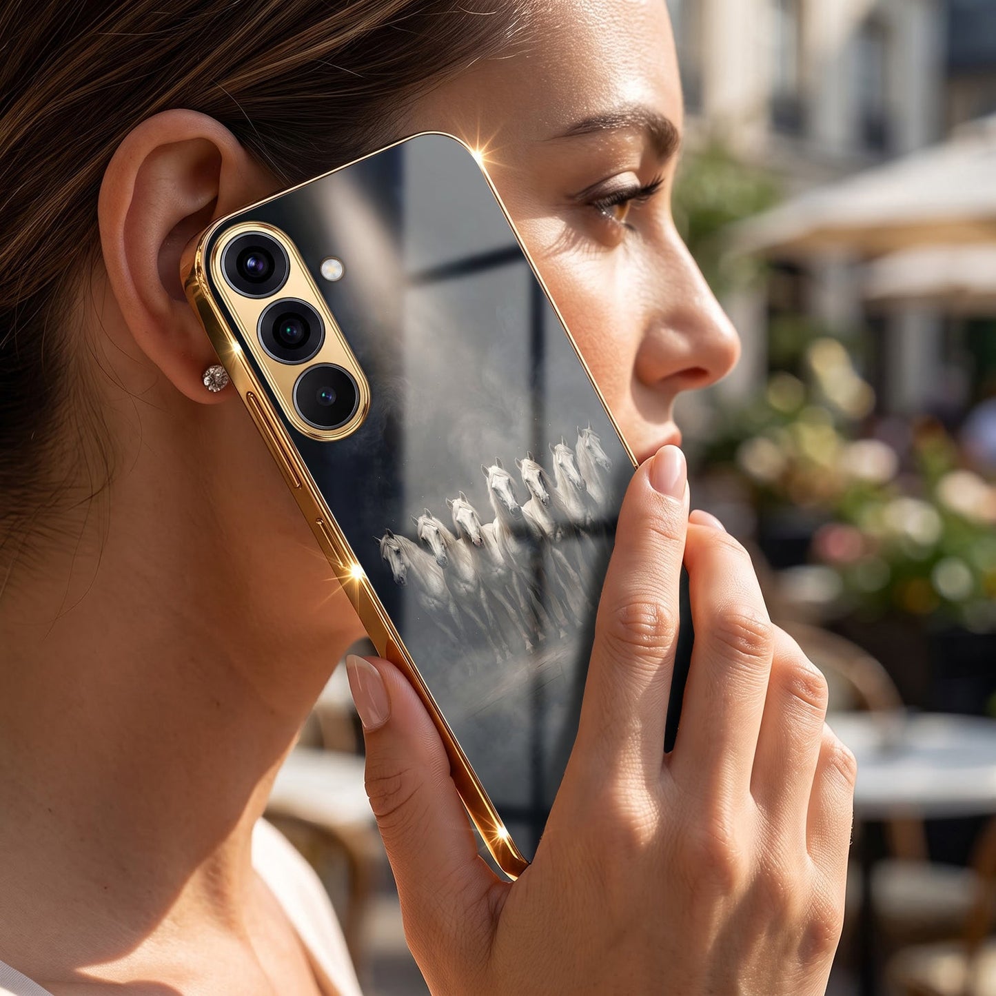 Samsung Galaxy A56 5G Running Horses Gold Electroplated Glass Phone Back Case
