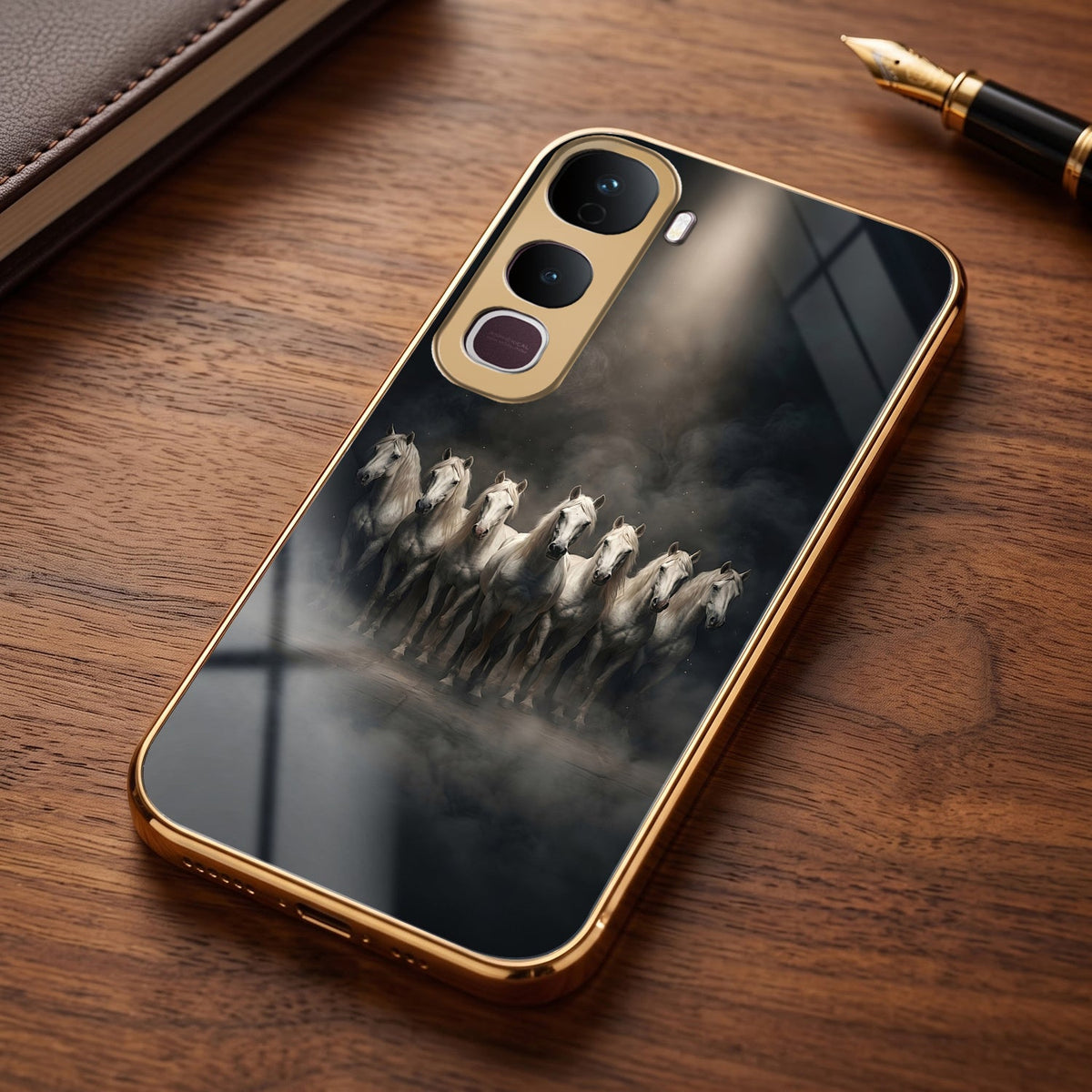 Vivo Y400 Pro 5G Running Horses Gold Electroplated Glass Phone Back Case