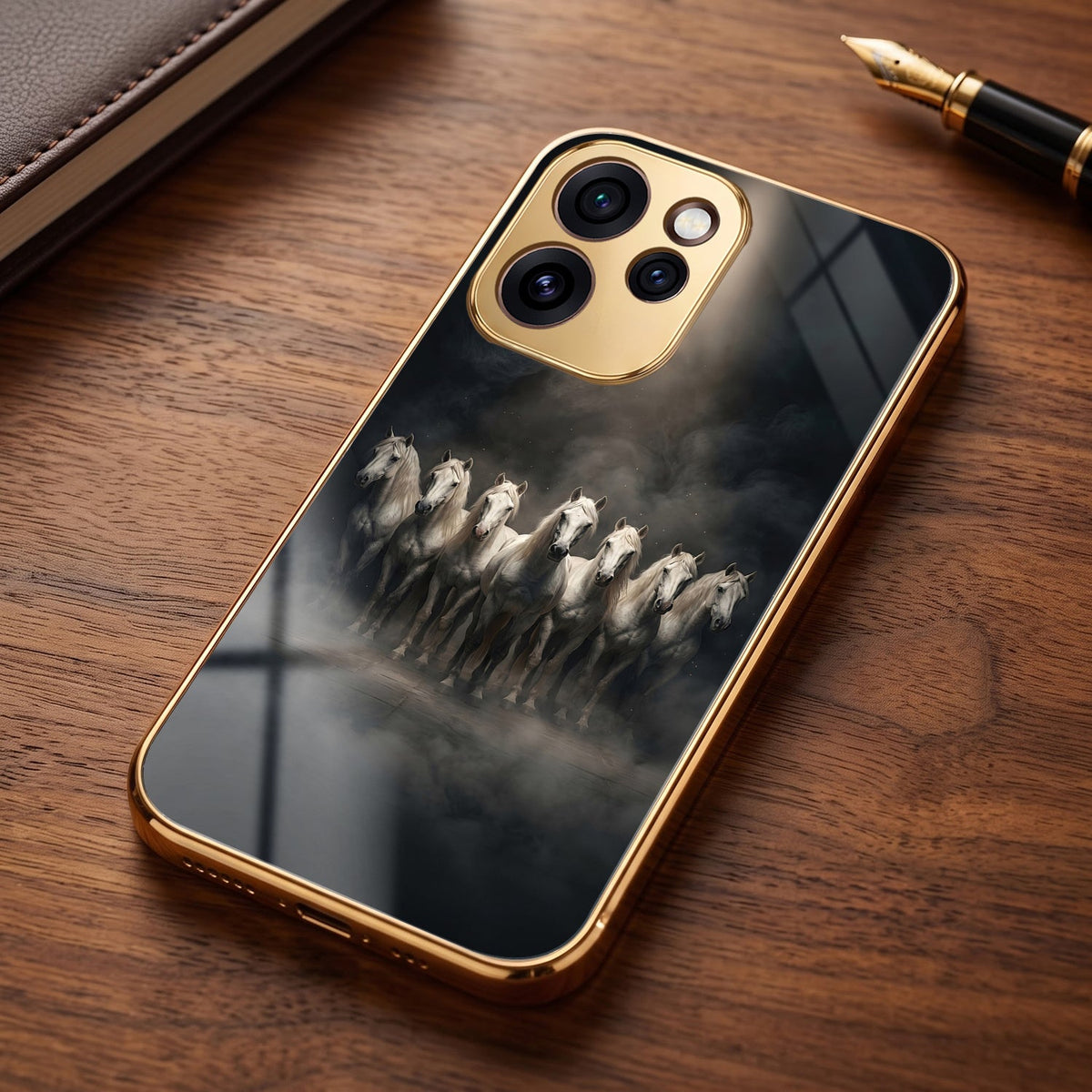Oppo Reno 15 Pro Mini 5G Running Horses Gold Electroplated Glass Phone Back Case