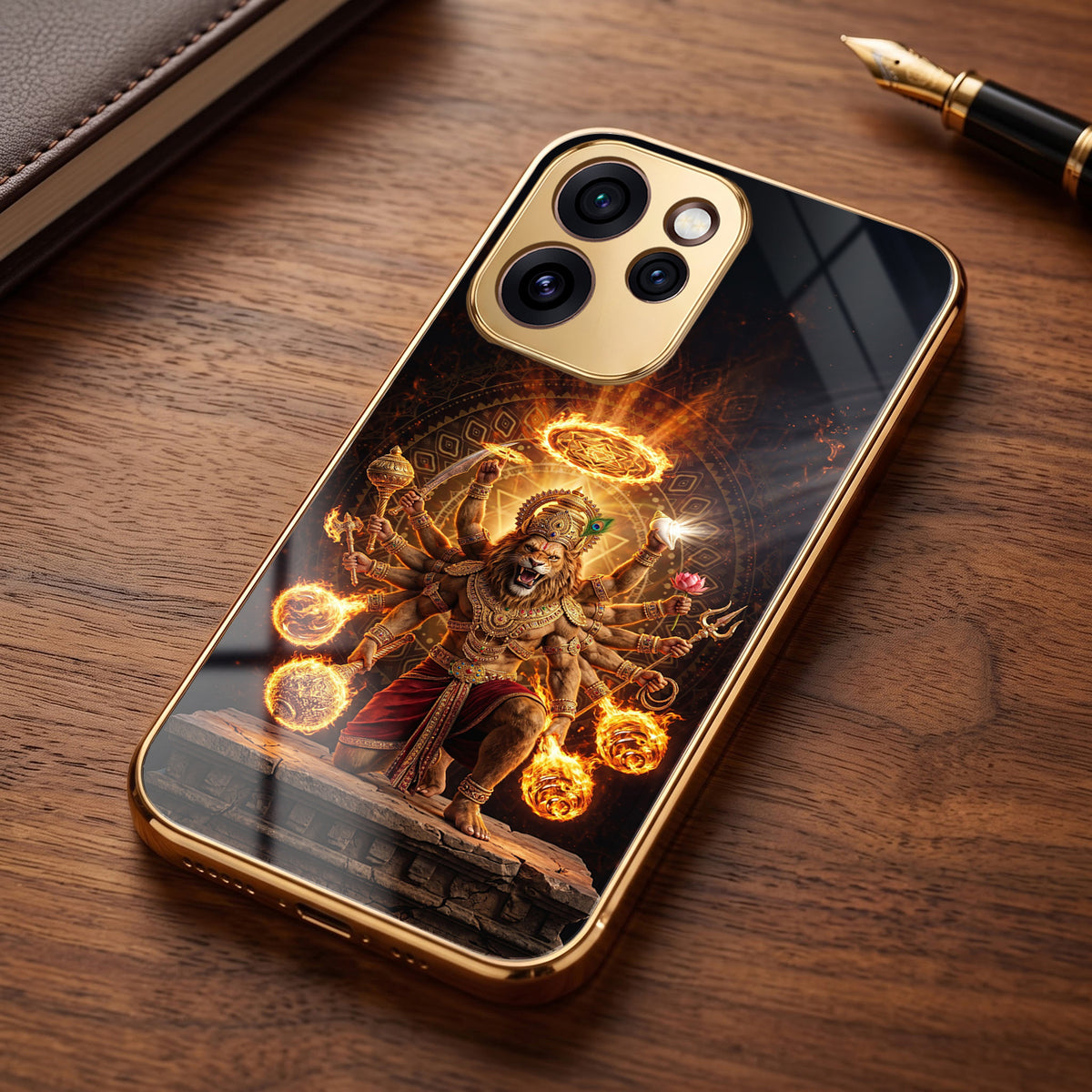 Oppo Reno 15 Pro Mini 5G Lord Narasimha Gold Electroplated Glass Phone Back Case