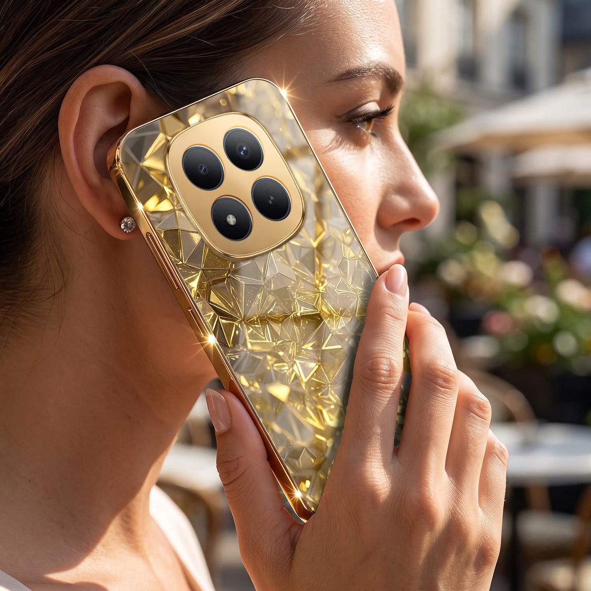 Redmi Note 15 Pro+ 5G Golden Diamond Shatter Gold Electroplated Glass Phone Back Case