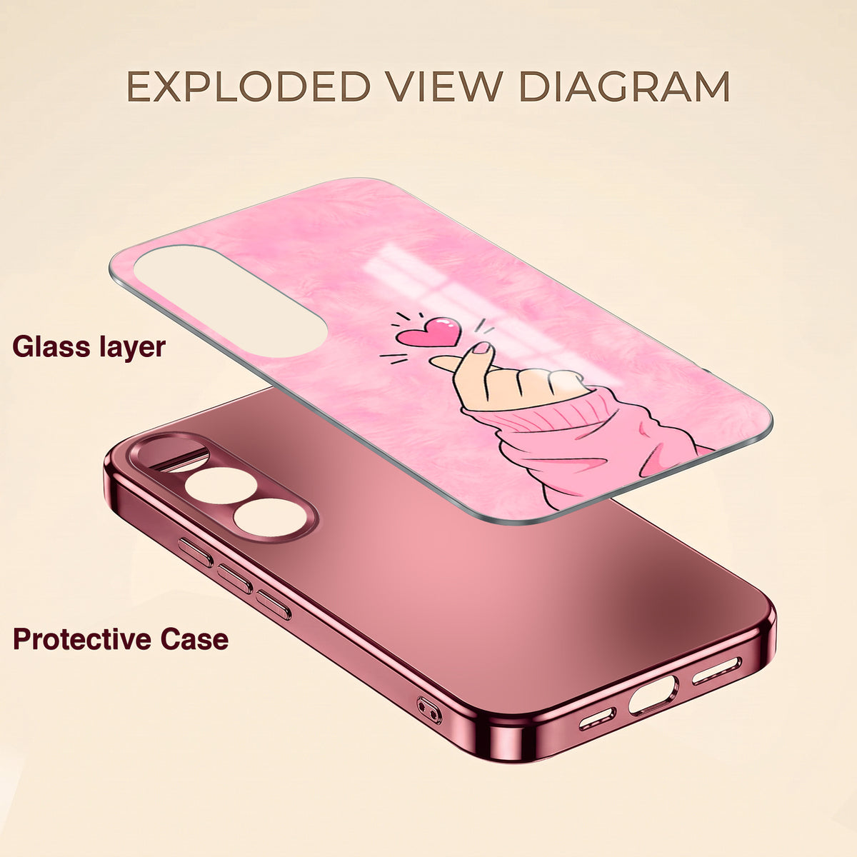 Vivo V70 FE 5G Luxury Heart Pink Electroplated Glass Phone Back Case