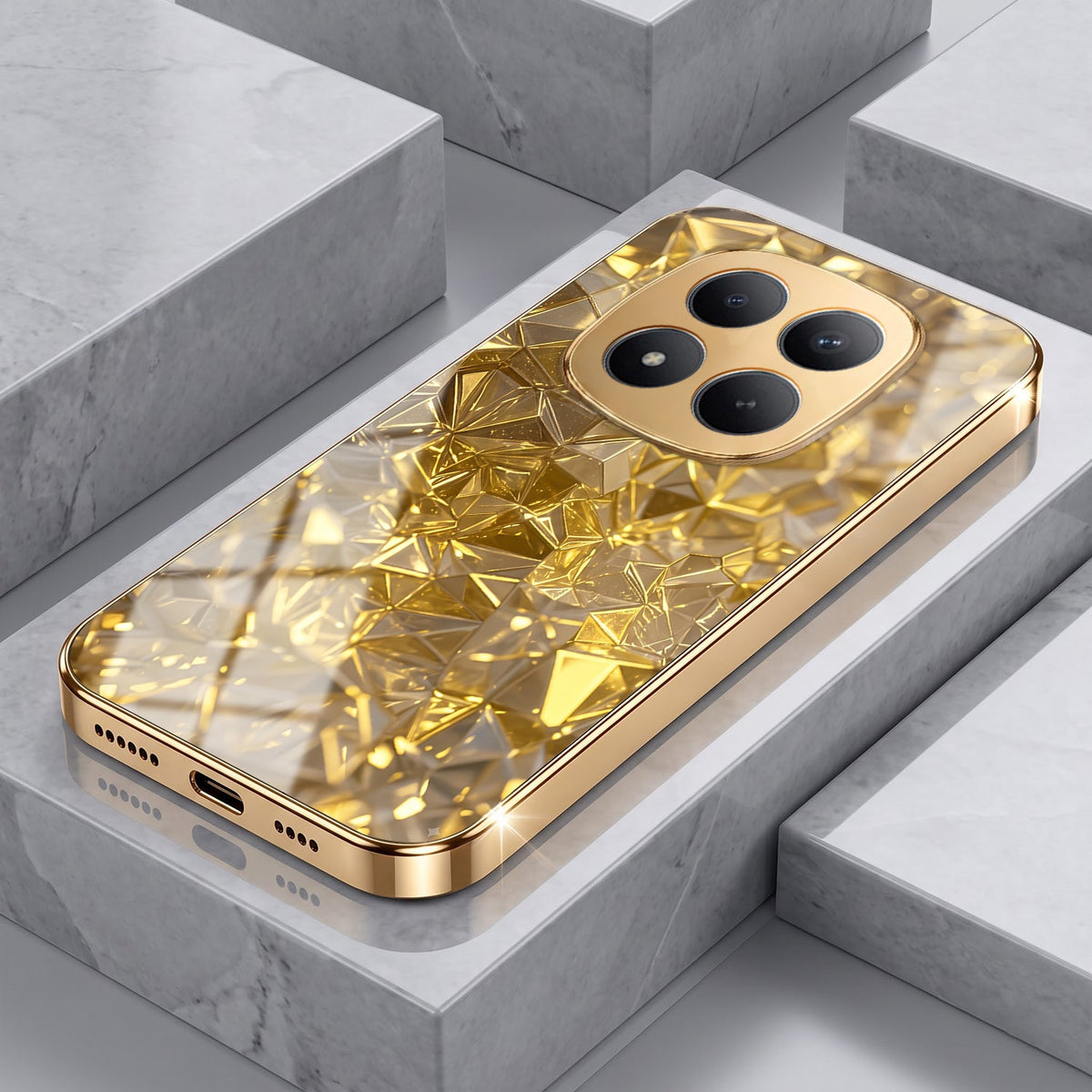 Redmi Note 15 Pro+ 5G Golden Diamond Shatter Gold Electroplated Glass Phone Back Case