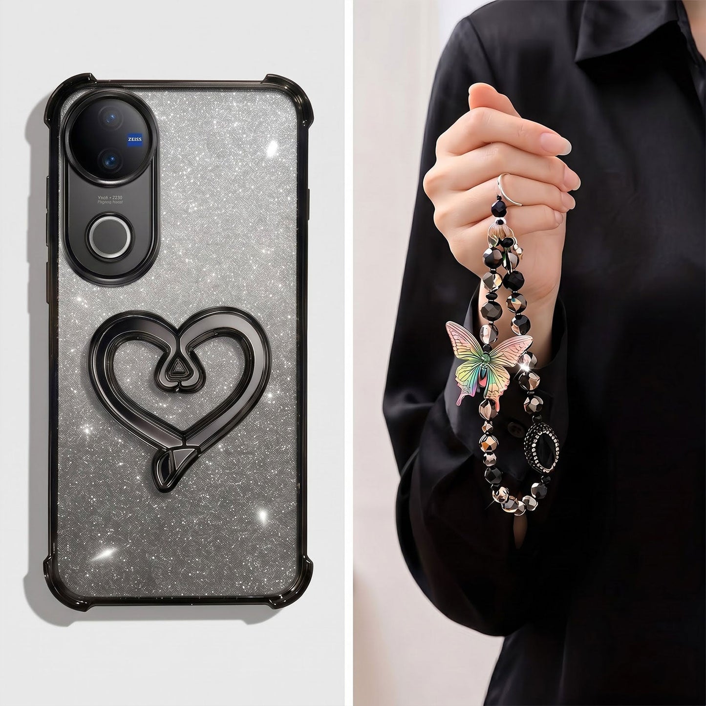 Vivo V50 5G Luxury Shimmer Airbag Heart Stand Case with Charm Strap