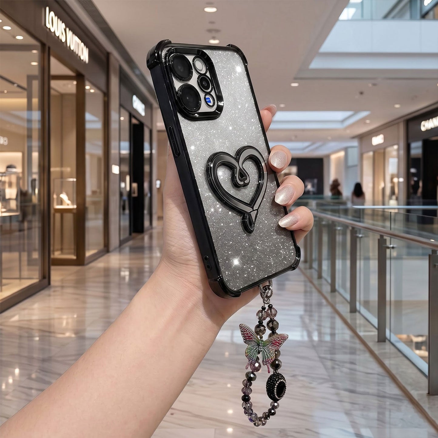 Vivo V70 5G Luxury Shimmer Airbag Heart Stand Case with Charm Strap