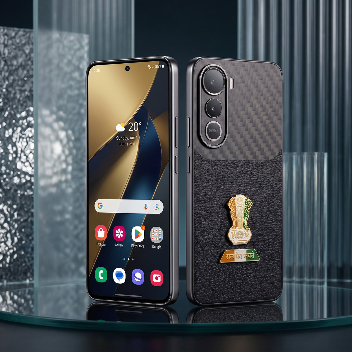 Vivo Y400 Pro 5G Tri-Color Satyamev Jayate Carbon Fiber Leather Hybrid Phone Case