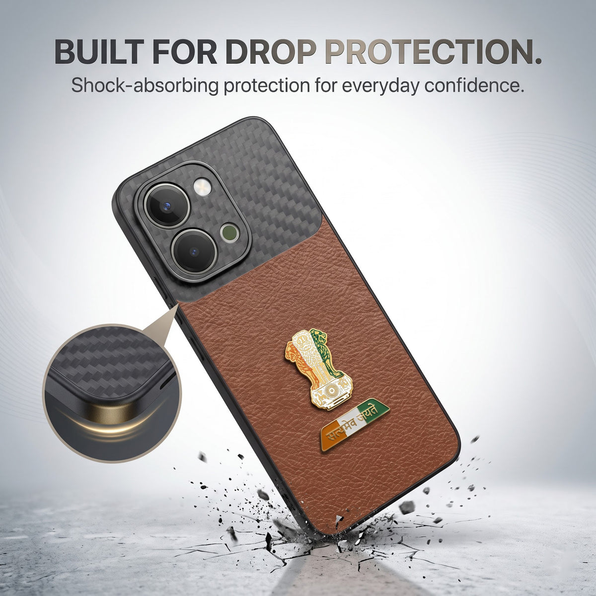 Vivo T5x 5G Tri-Color Satyamev Jayate Carbon Fiber Leather Hybrid Phone Case