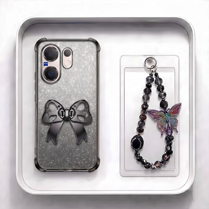 Vivo V60 5G Luxury Shimmer Airbag Bow Stand Case with Charm Strap