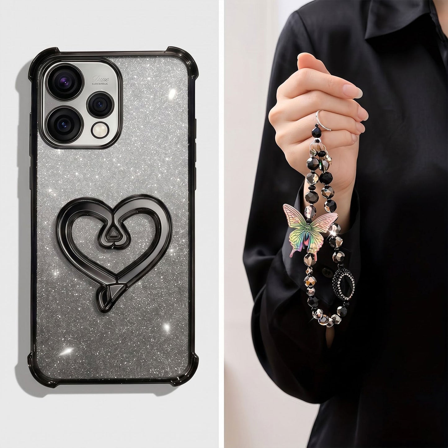 Oppo Reno 15 5G Luxury Shimmer Airbag Heart Stand Case with Charm Strap