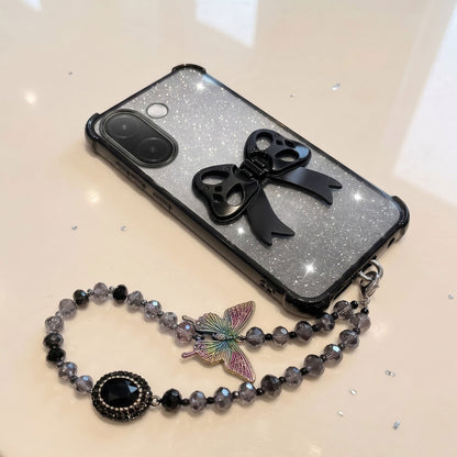 Vivo V60e 5G Luxury Shimmer Airbag Bow Stand Case with Charm Strap