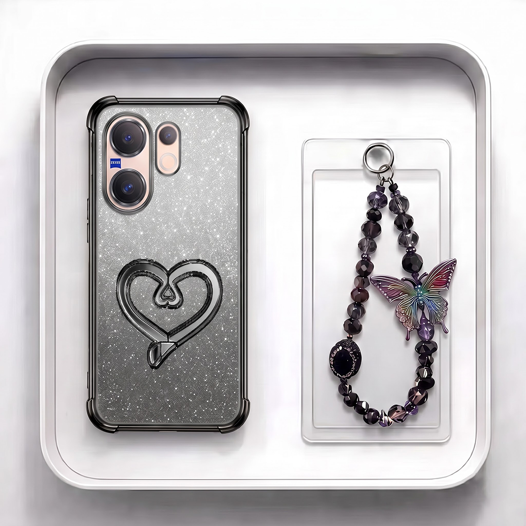 Vivo V60 5G Luxury Shimmer Airbag Heart Stand Case with Charm Strap