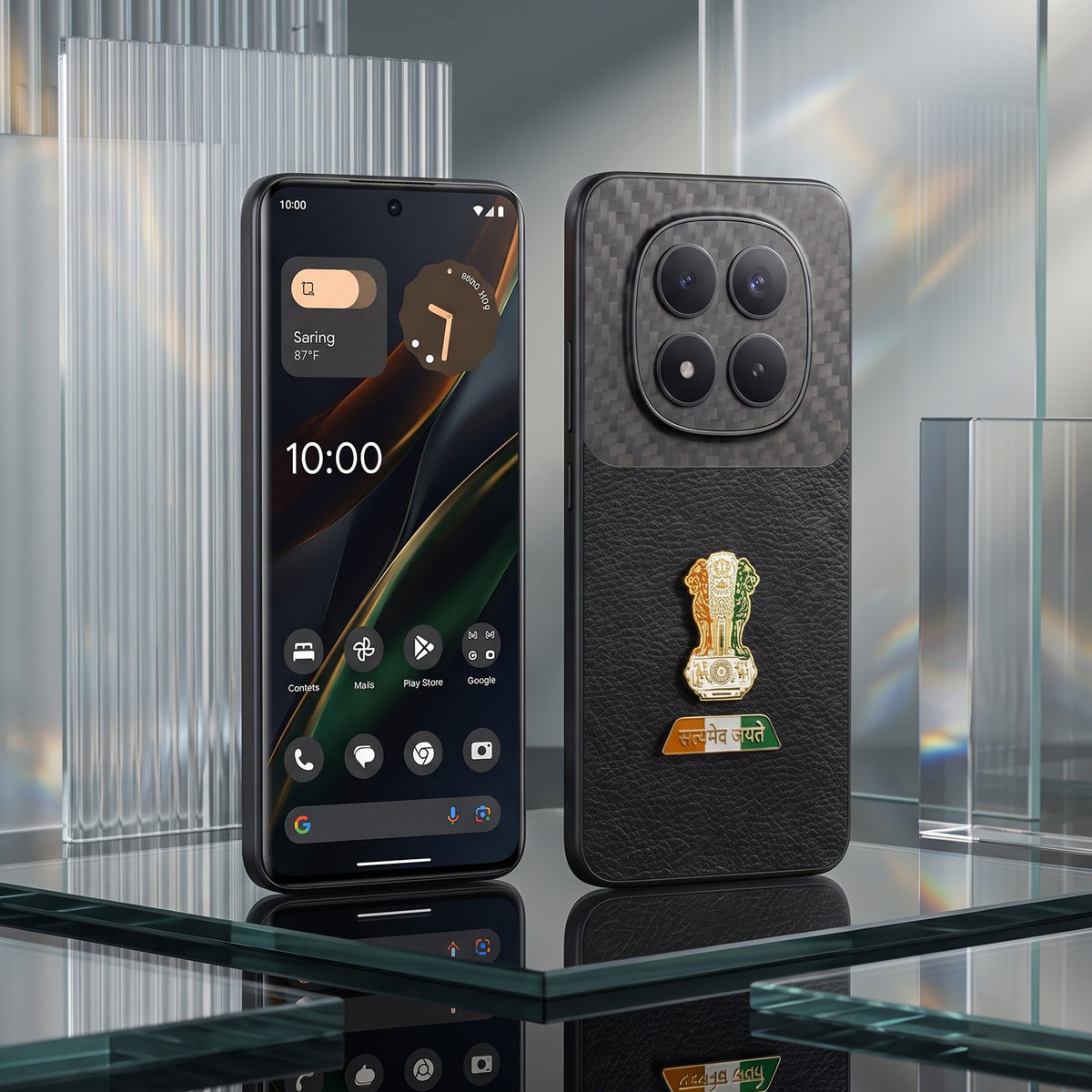 Redmi Note 15 Pro+ Tri-Color Satyamev Jayate Carbon Fiber Leather Hybrid Phone Case