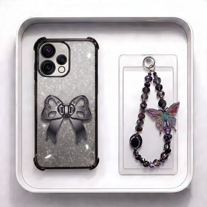 Oppo Reno 15 5G Luxury Shimmer Airbag Bow Stand Case with Charm Strap