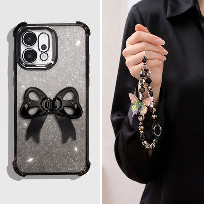 Oppo Reno 14 5G Luxury Shimmer Airbag Bow Stand Case with Charm Strap