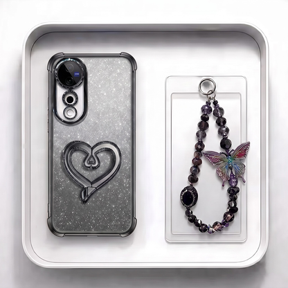 Vivo V40 Pro 5G Luxury Shimmer Airbag Heart Stand Case with Charm Strap