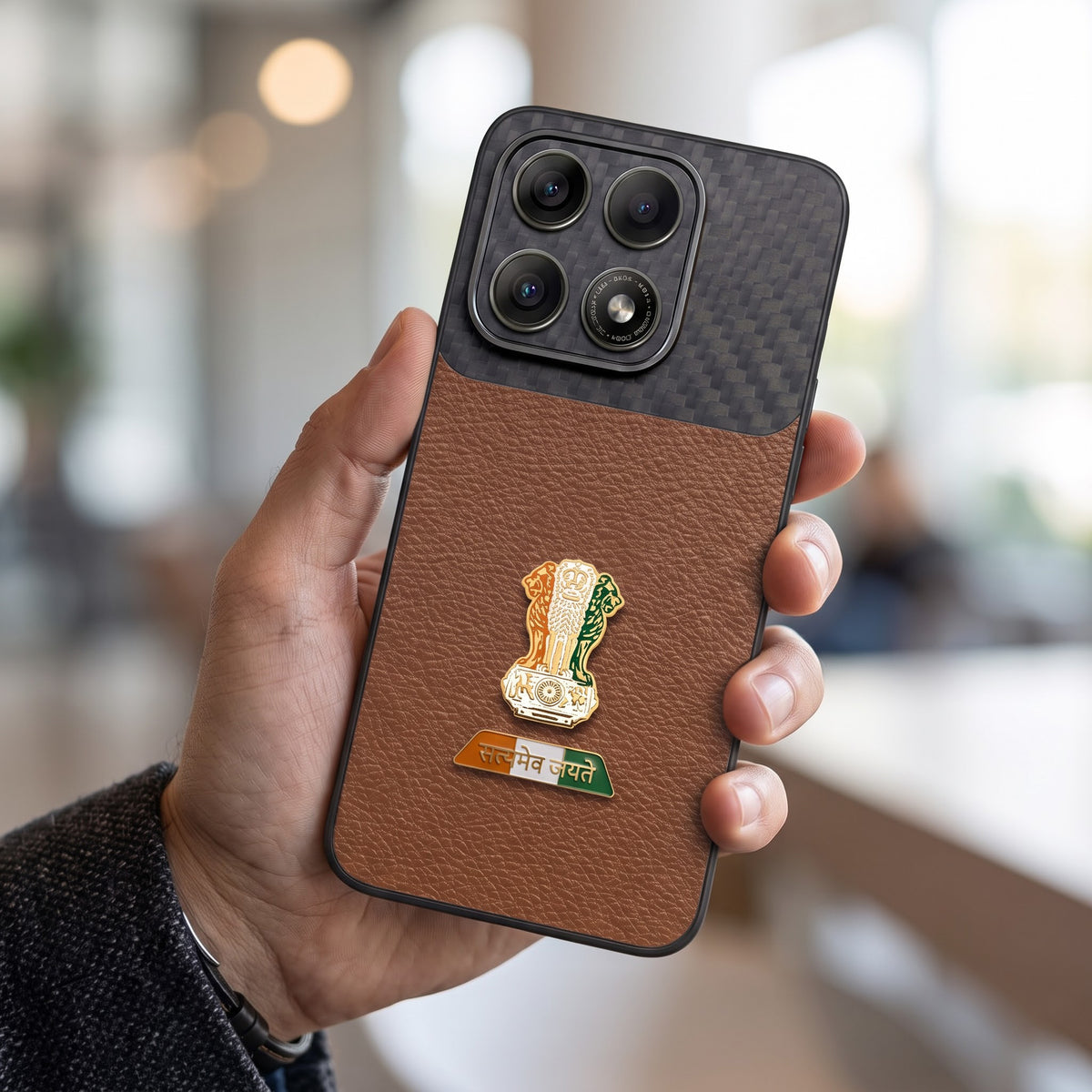Motorola Edge 70 Pro 5G Tri-Color Satyamev Jayate Carbon Fiber Leather Hybrid Phone Case