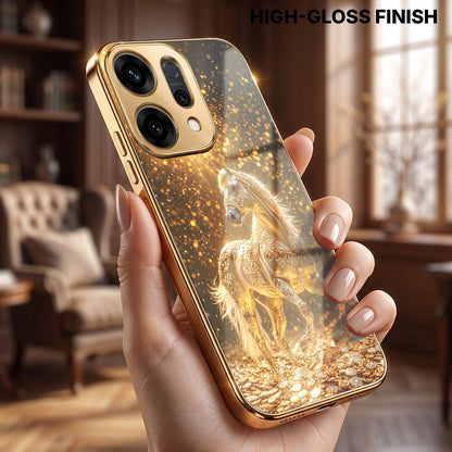 Oppo Reno 14 5G Golden Horse Sparkle Gold Electroplated Glass Phone Back Case