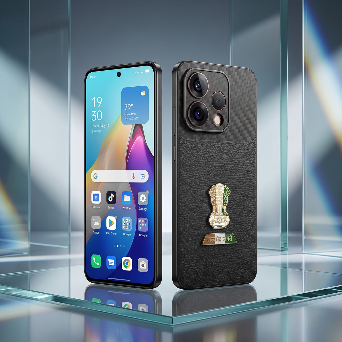 Oppo Reno 15 5G Tri-Color Satyamev Jayate Carbon Fiber Leather Hybrid Phone Case