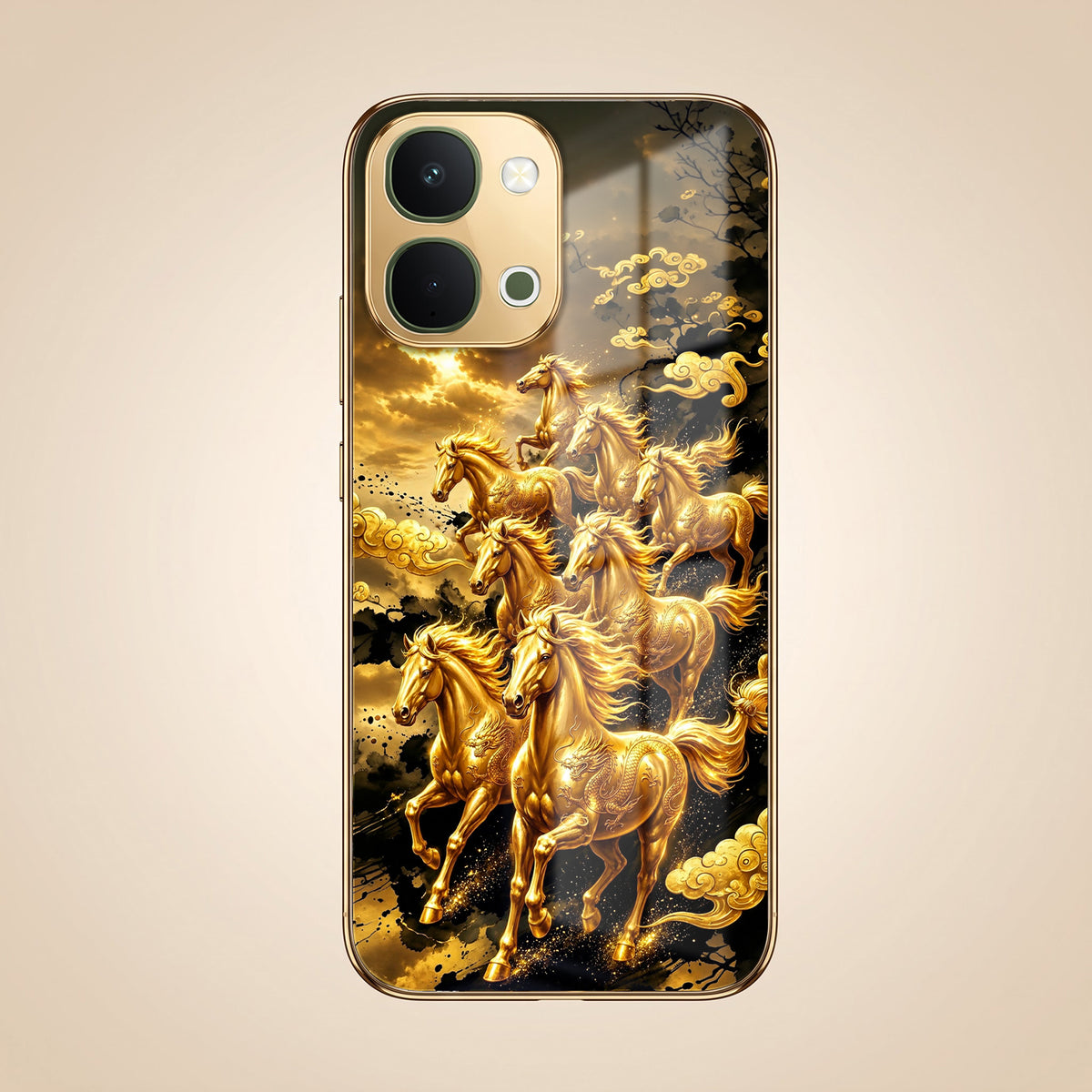 Vivo T5x 5G Horses Royal Glory Gold Electroplated Glass Phone Back Case