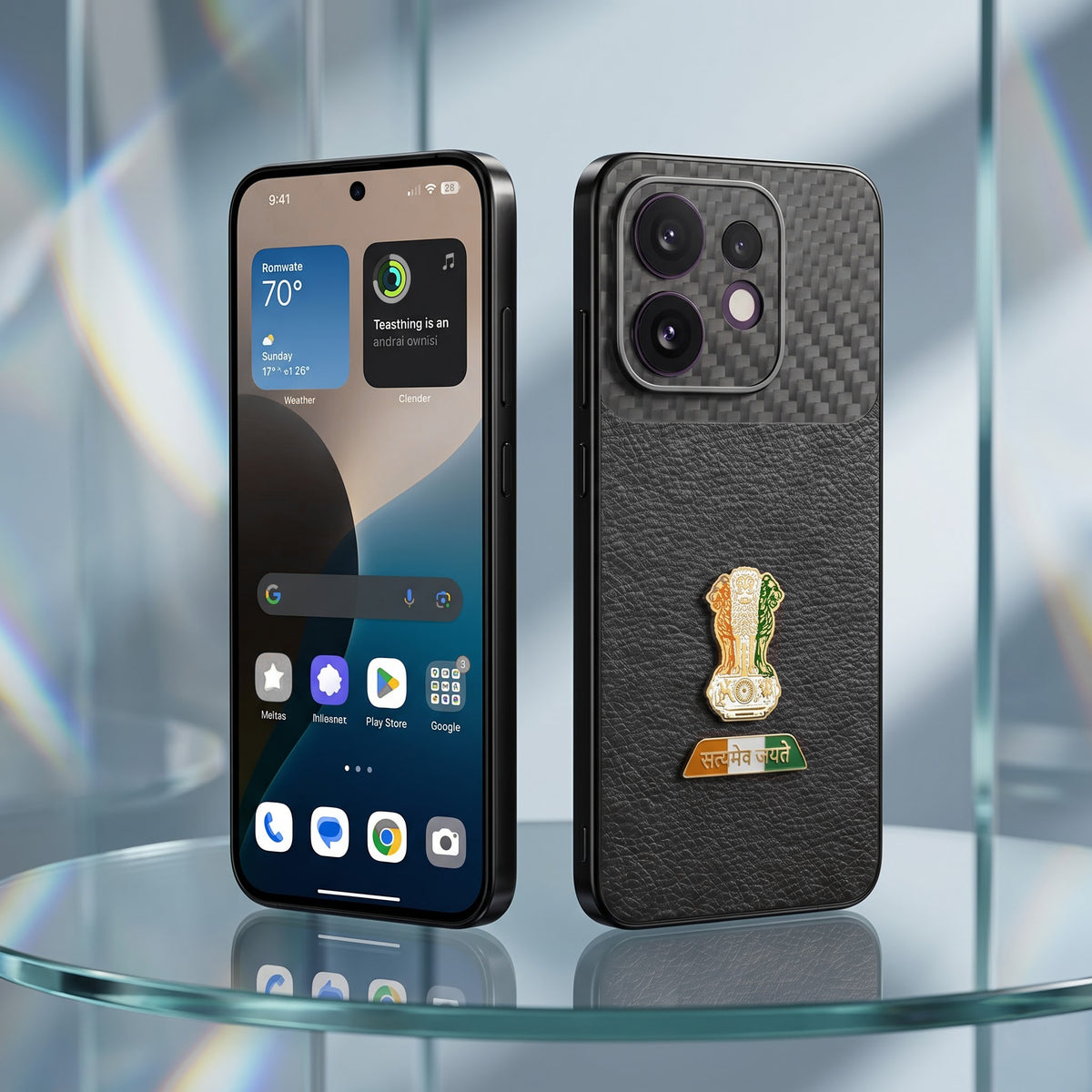 Oppo Reno 16 5G Tri-Color Satyamev Jayate Carbon Fiber Leather Hybrid Phone Case