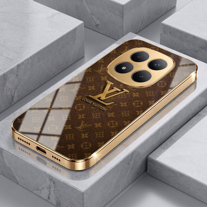 Redmi Note 15 Pro+ 5G LV Brown Monogram Gold Electroplated Glass Phone Back Case