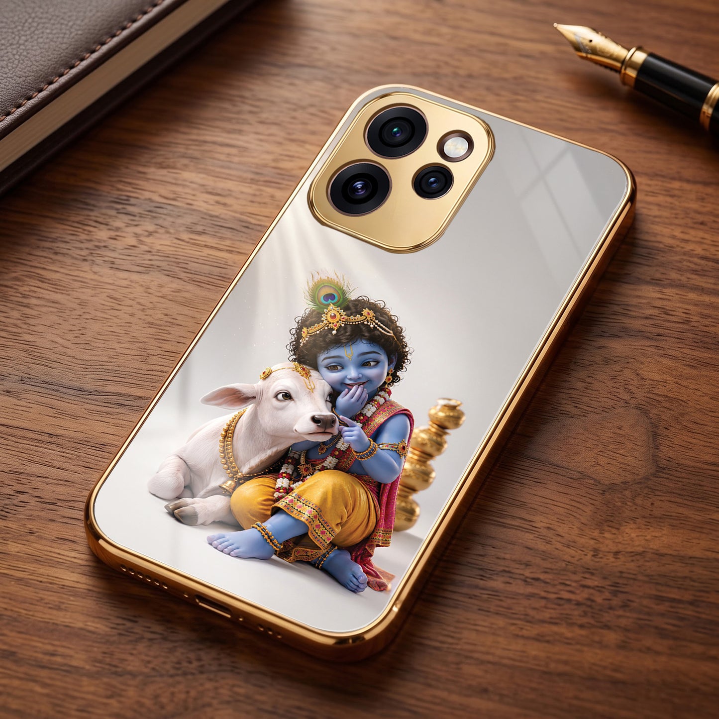 Oppo Reno 15 Pro Mini 5G Bal Krishna Blessings Gold Electroplated Glass Phone Back Case