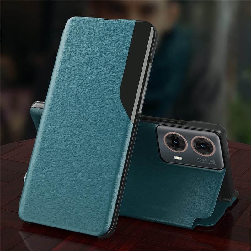 A green Motorola Edge 50 Fusion 5G luxury leather flip case with a half window design opened on a wooden surface.