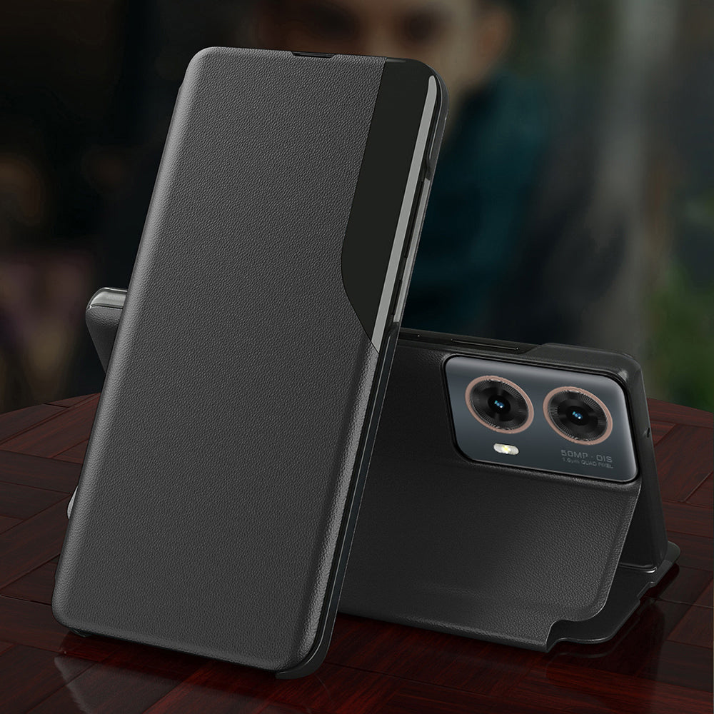 A Black Motorola Edge 50 Fusion 5G luxury leather flip case with a half window design opened on a wooden surface.