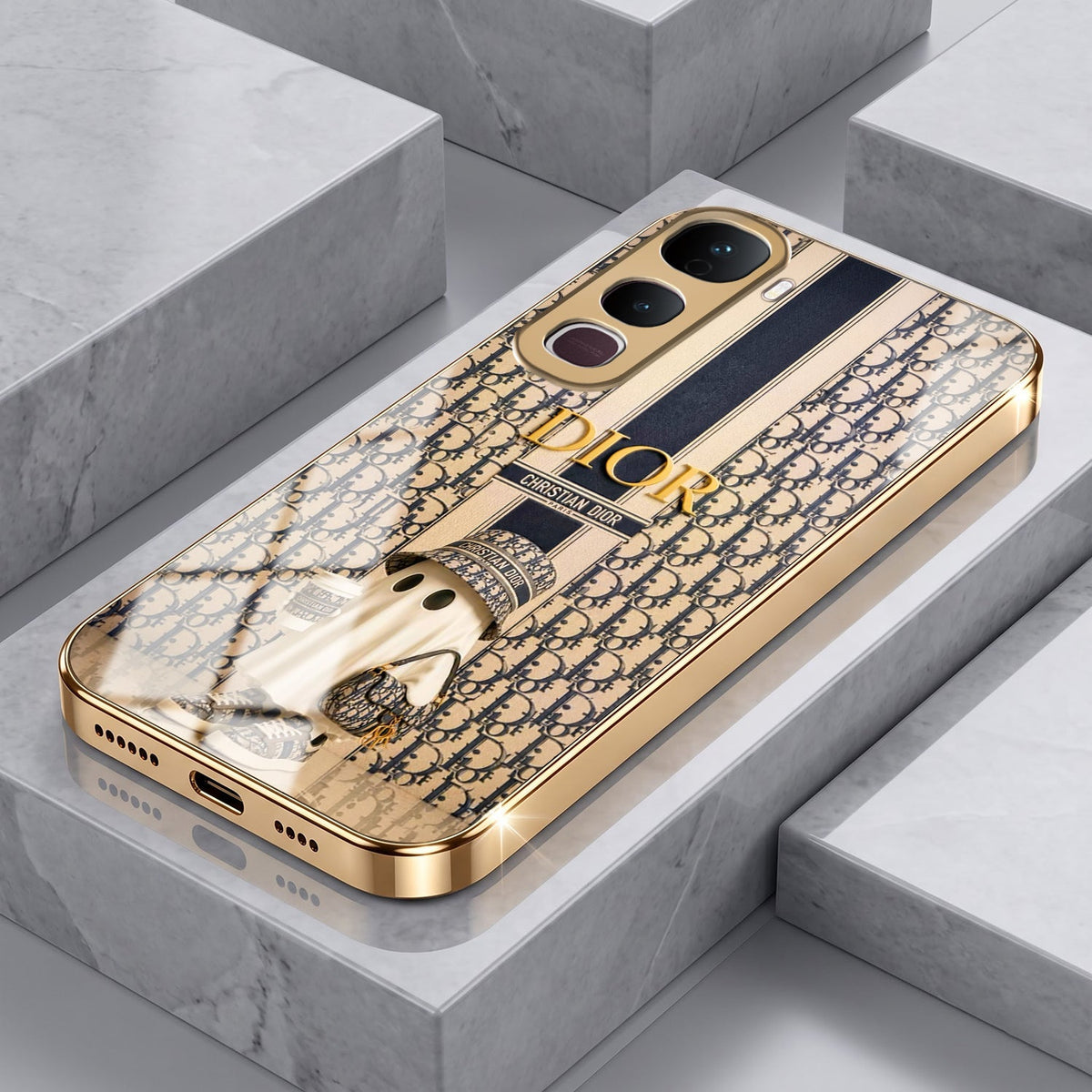 Vivo Y400 Pro 5G Luxury Dior Gold Electroplated Glass Phone Back Case