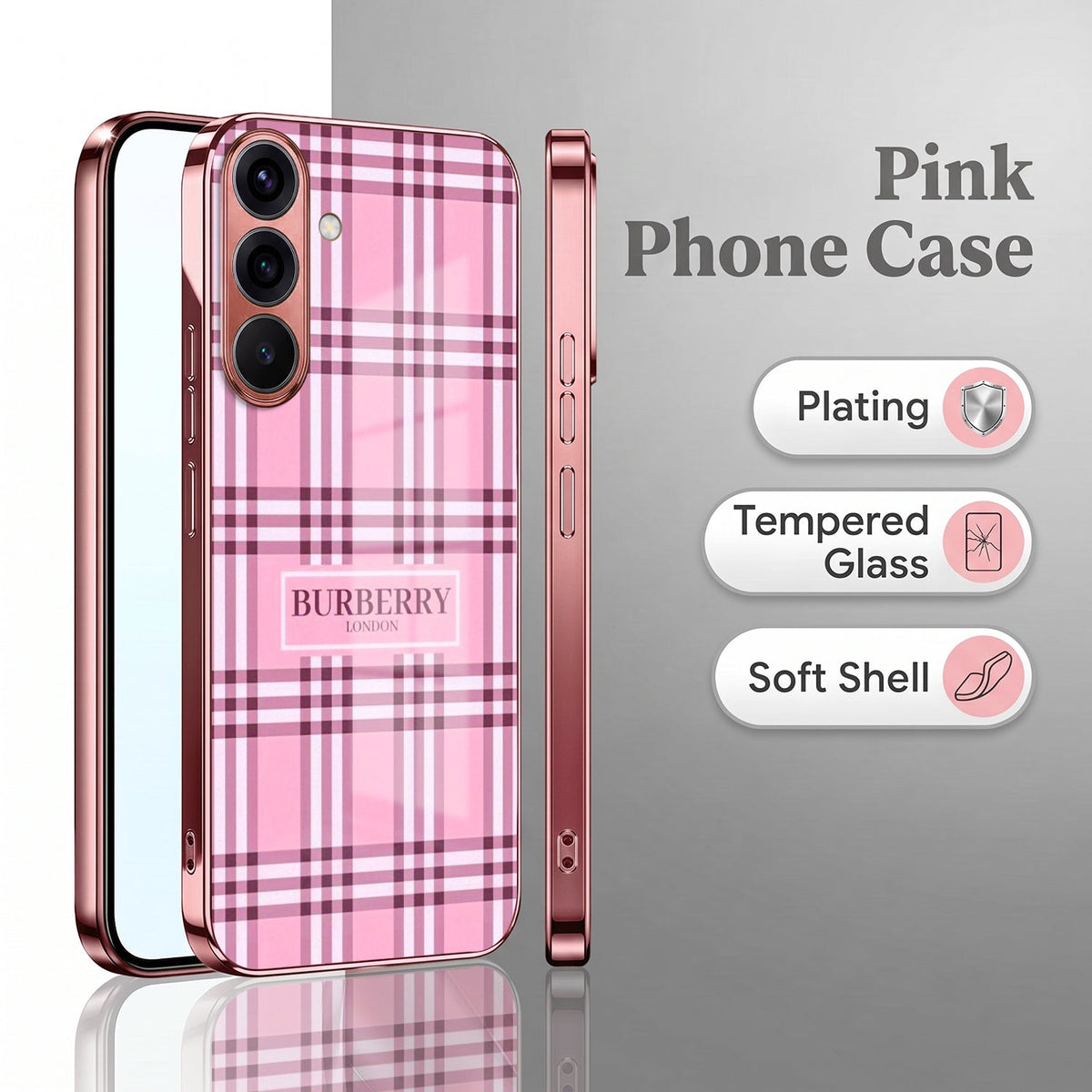 Samsung Galaxy A56 5G Burberry Classic Pink Electroplated Glass Phone Back Case