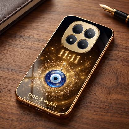 Redmi Note 15 Pro Plus 5G God’s Plan Evil Eye Gold Electroplated Glass Phone Back Case