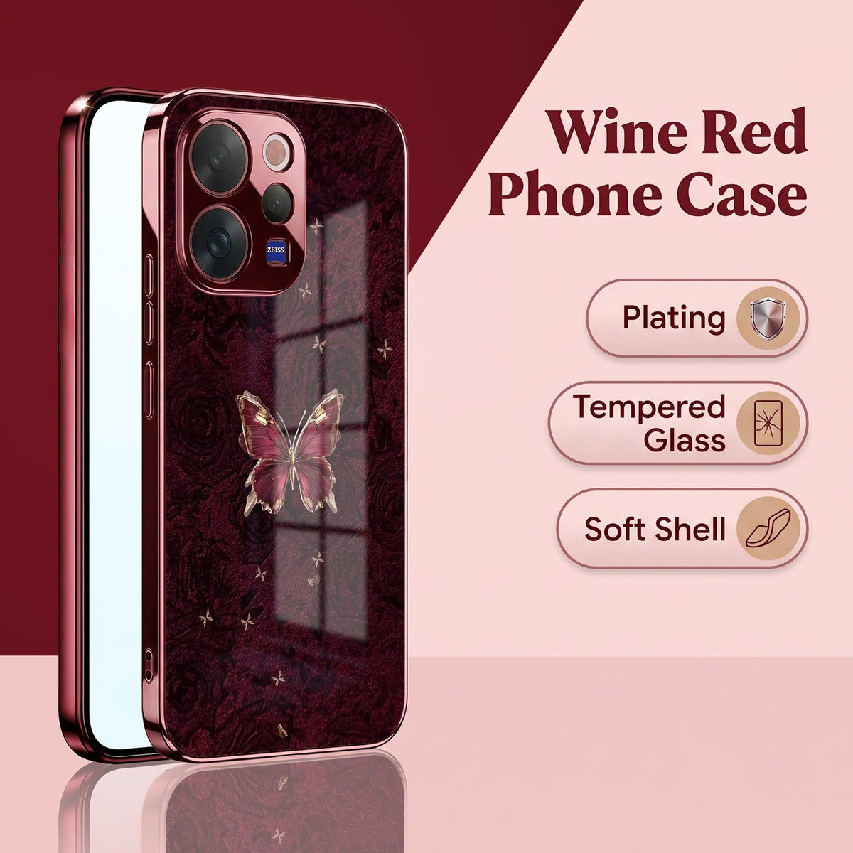 Vivo V70 5G Butterfly Burgundy Electroplated Glass Back Case