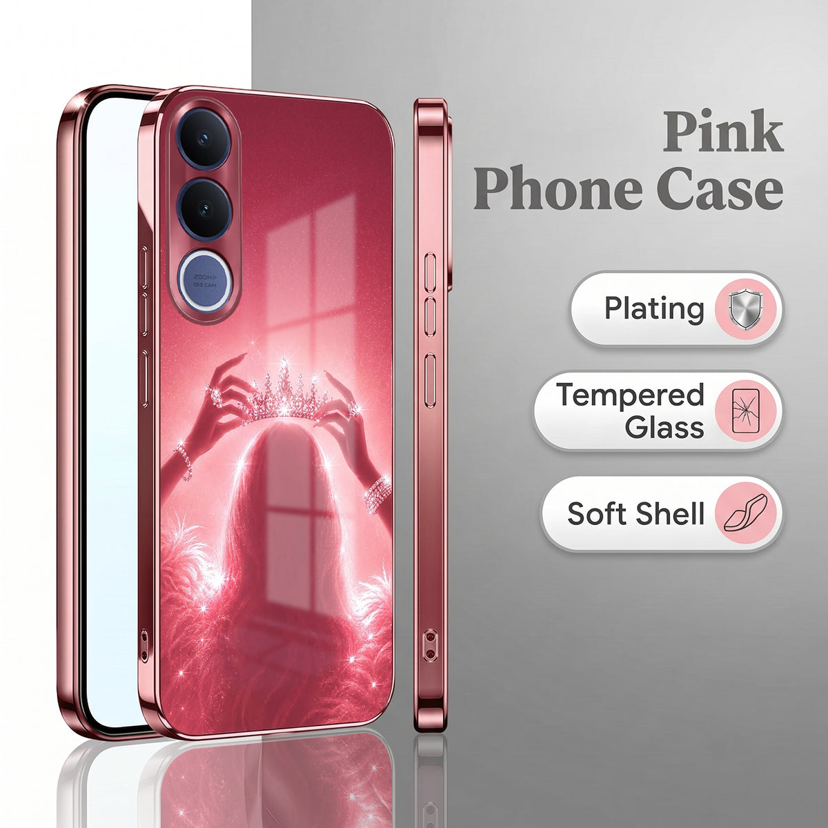 Vivo V70 FE 5G Luxury Crown Queen Pink Electroplated Glass Phone Back Case