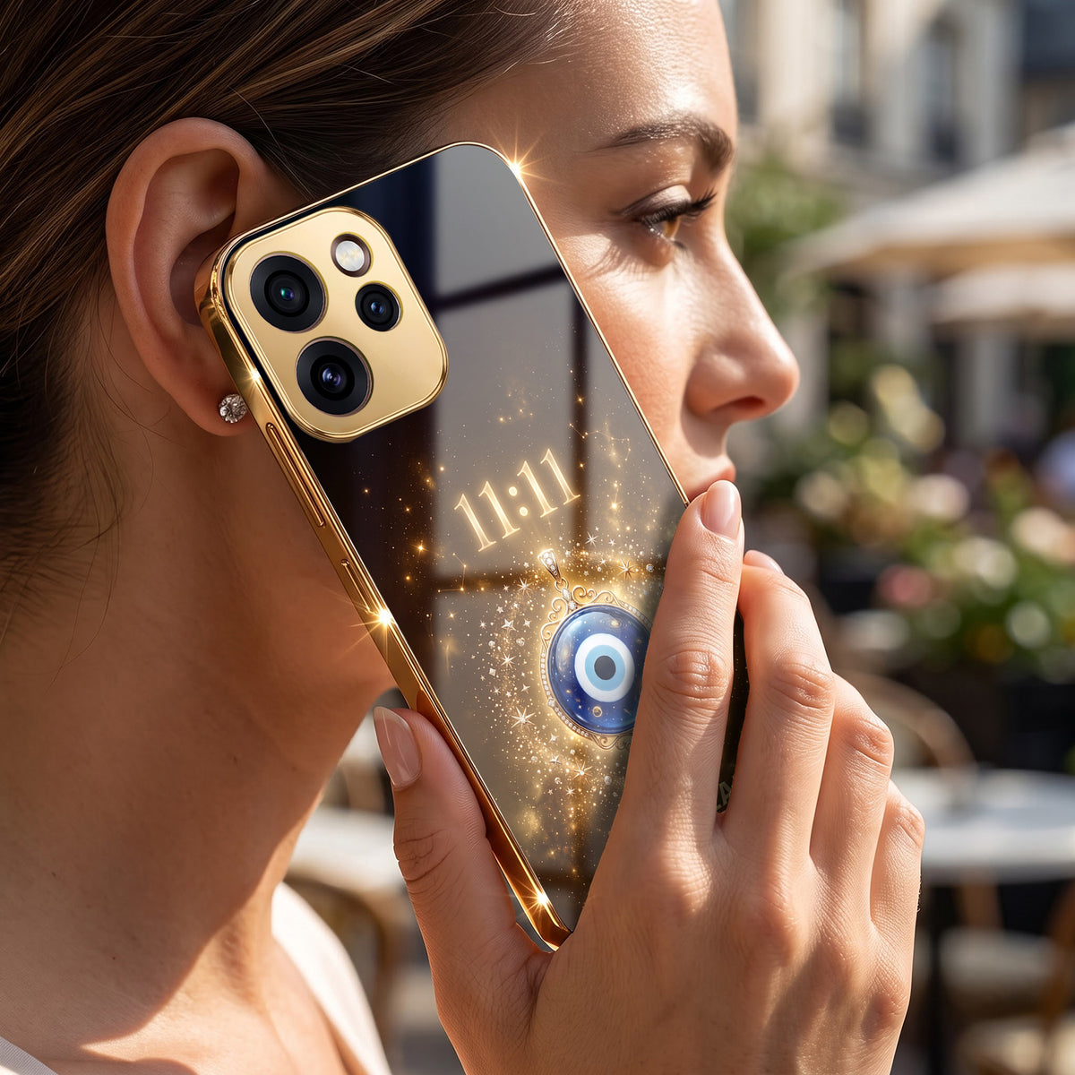 Oppo Reno 15 Pro Mini 5G God’s Plan Evil Eye Gold Electroplated Glass Phone Back Case