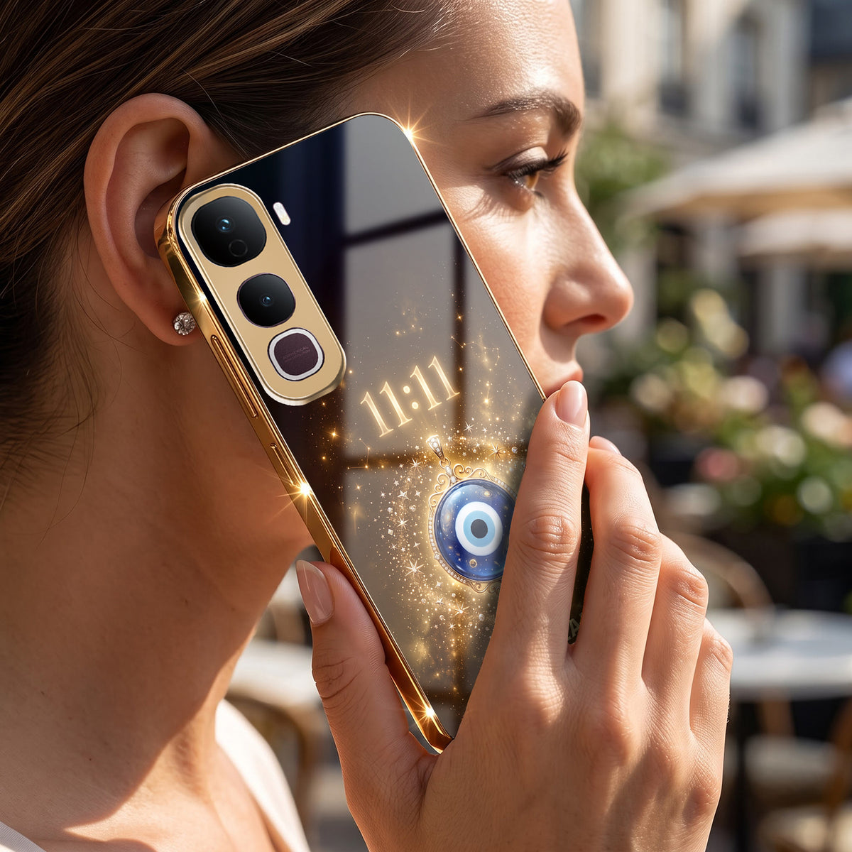 Vivo Y400 Pro God’s Plan Evil Eye Gold Electroplated Glass Phone Back Case