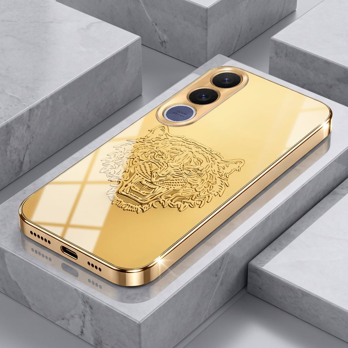 Vivo V70 FE 5G Golden Tiger Face Gold Electroplated Glass Phone Back Case