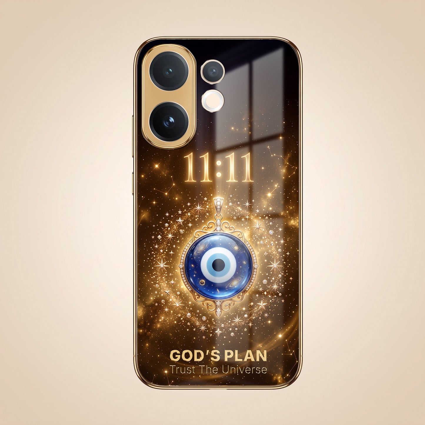 Vivo V60 5G God’s Plan Evil Eye Gold Electroplated Glass Phone Back Case