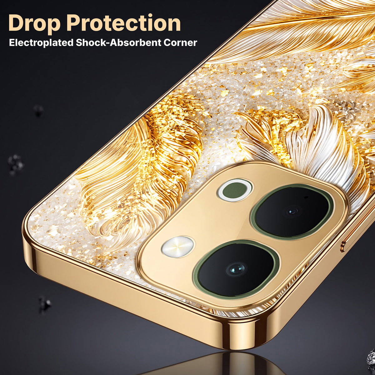Vivo T5x 5G Golden Feather Marble Gold Electroplated Glass Phone Back Case