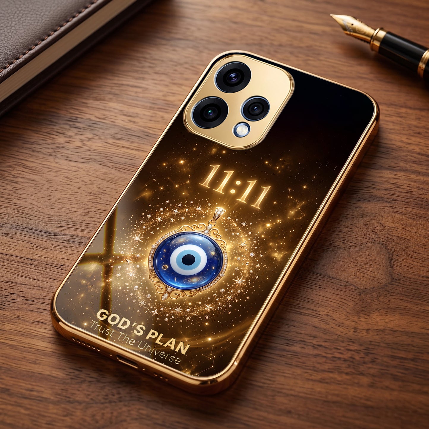 Oppo Reno 15 5G God’s Plan Evil Eye Gold Electroplated Glass Phone Back Case