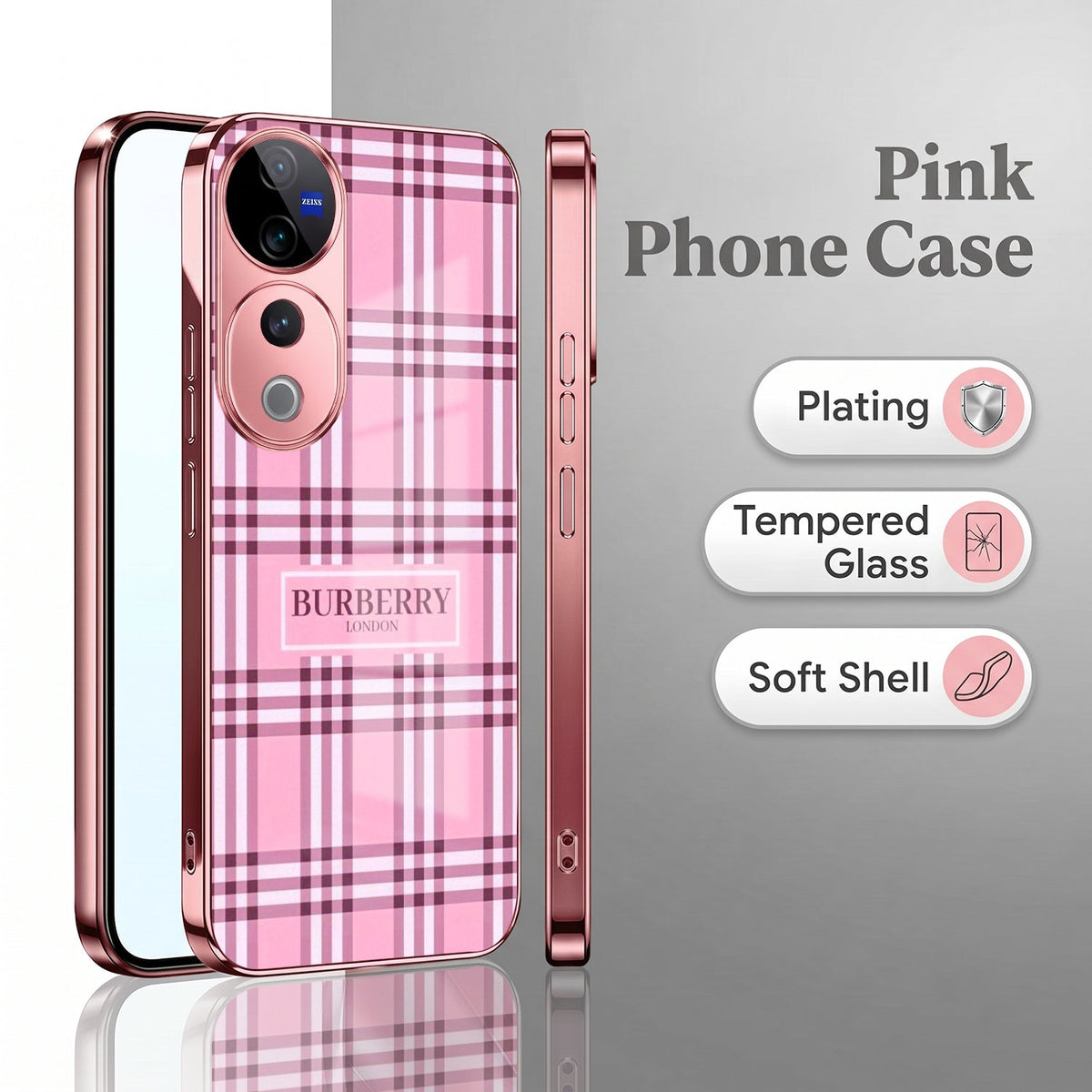 Vivo V40 Pro 5G Burberry Classic Pink Electroplated Glass Phone Back Case