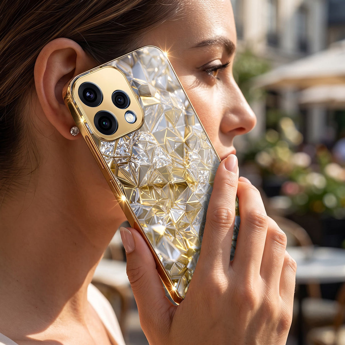 Oppo Reno 15 5G White Diamond Shatter Gold Electroplated Glass Phone Back Case