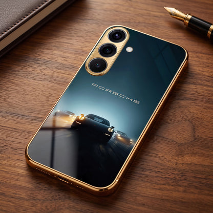 Samsung Galaxy A36 5G Porsche Luxury Gold Electroplated Glass Phone Back Case
