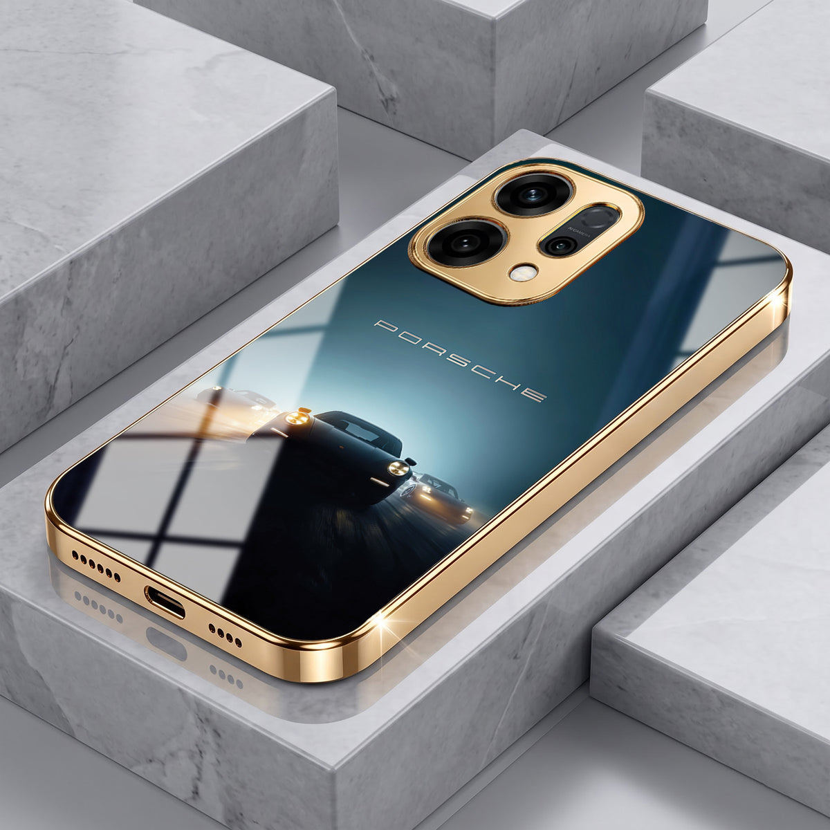 Oppo Reno 14 5G Porsche Luxury Gold Electroplated Glass Phone Back Case