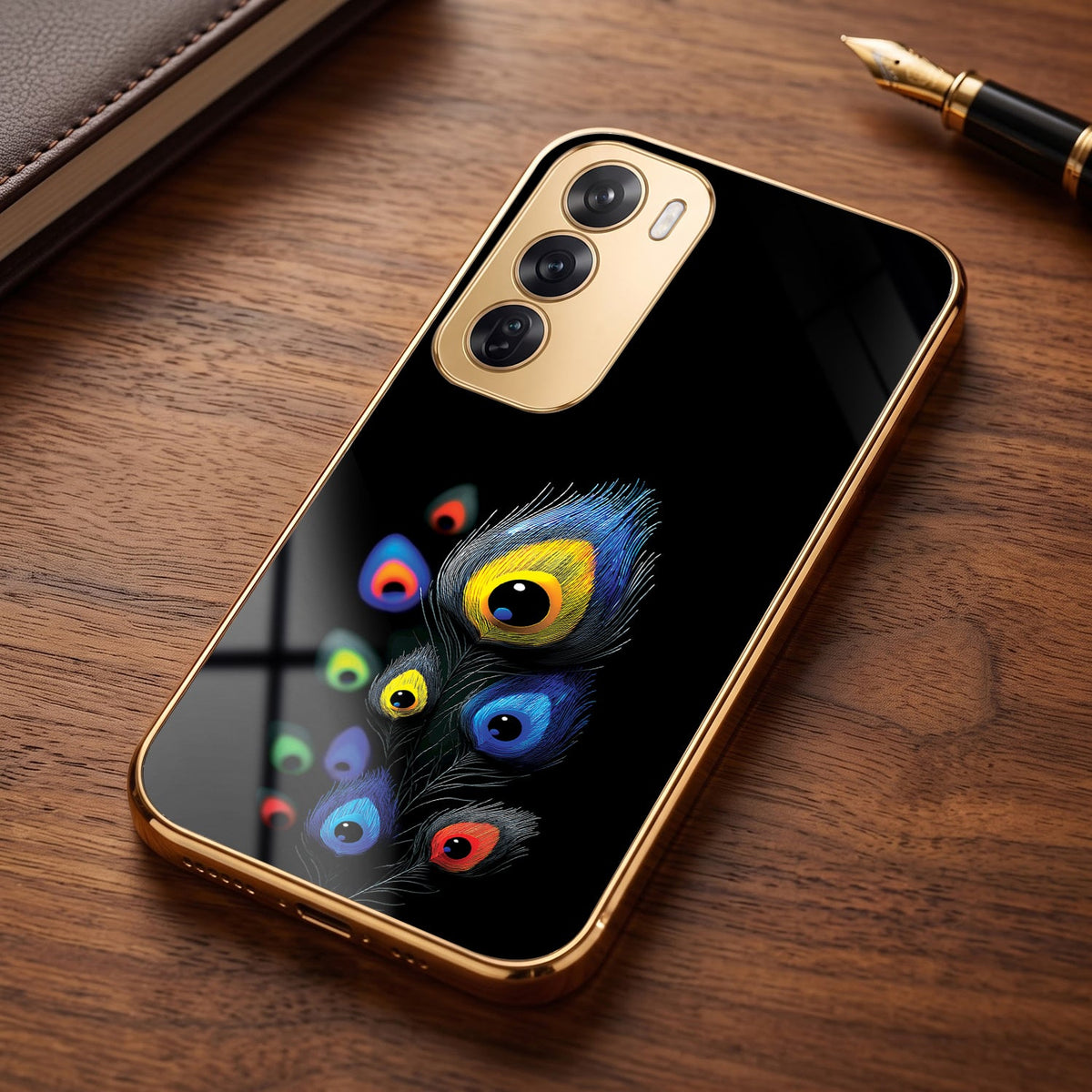 Oppo Reno 12 Pro 5G Multi-Feather Peacock Gold Electroplated Glass Phone Back Case