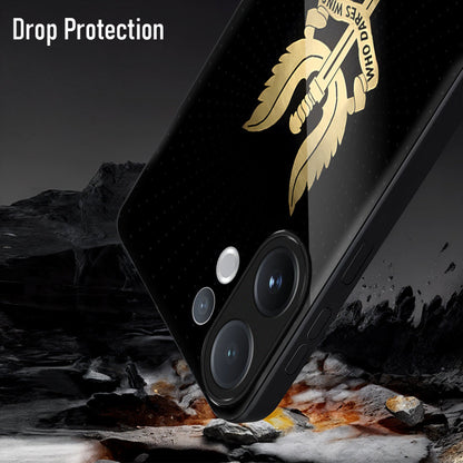 Vivo V60 5G Phone case with a logo on a rocky background, emphasizing drop protection.