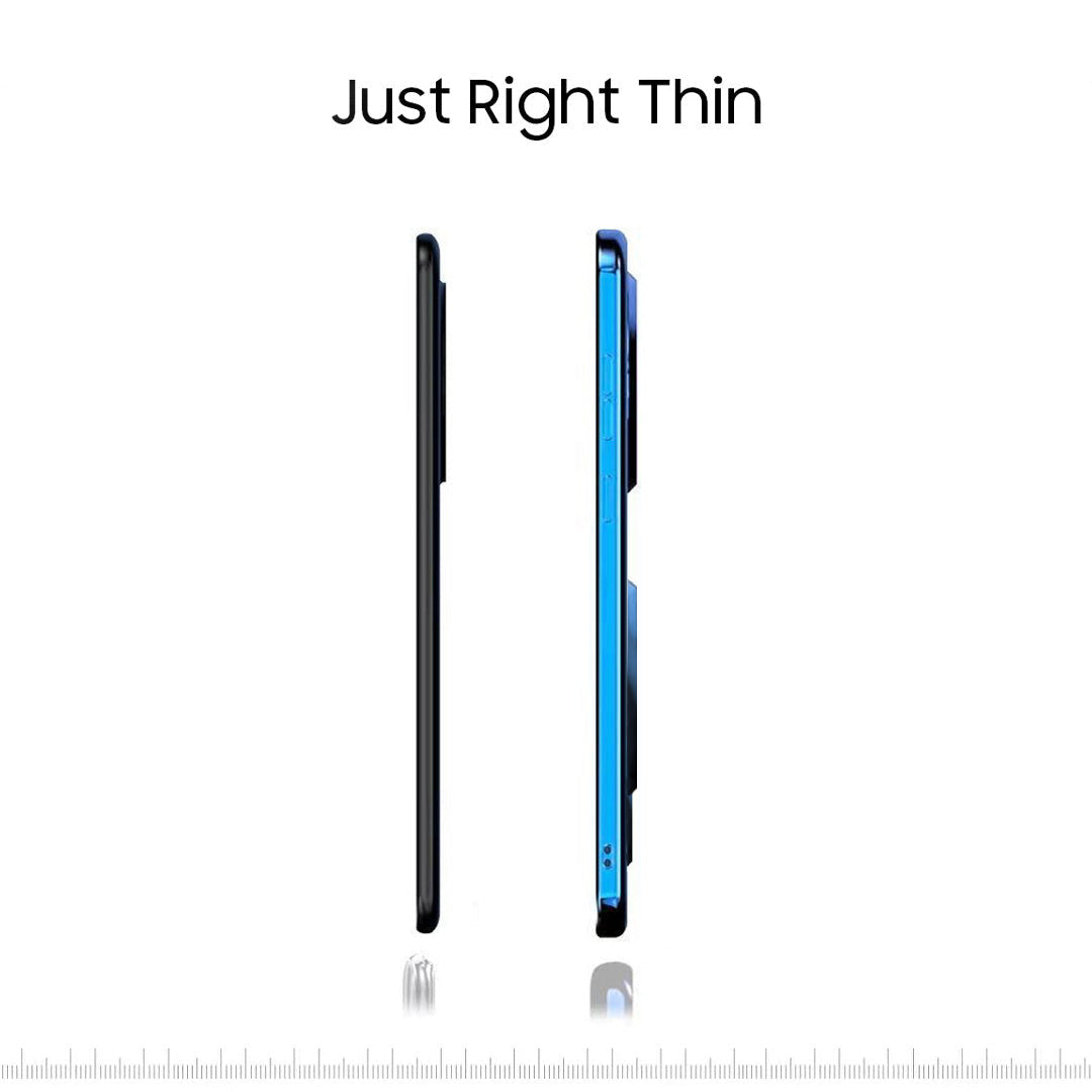 Two smartphone thinness comparison with text 'Just Right Thin' on a white background.