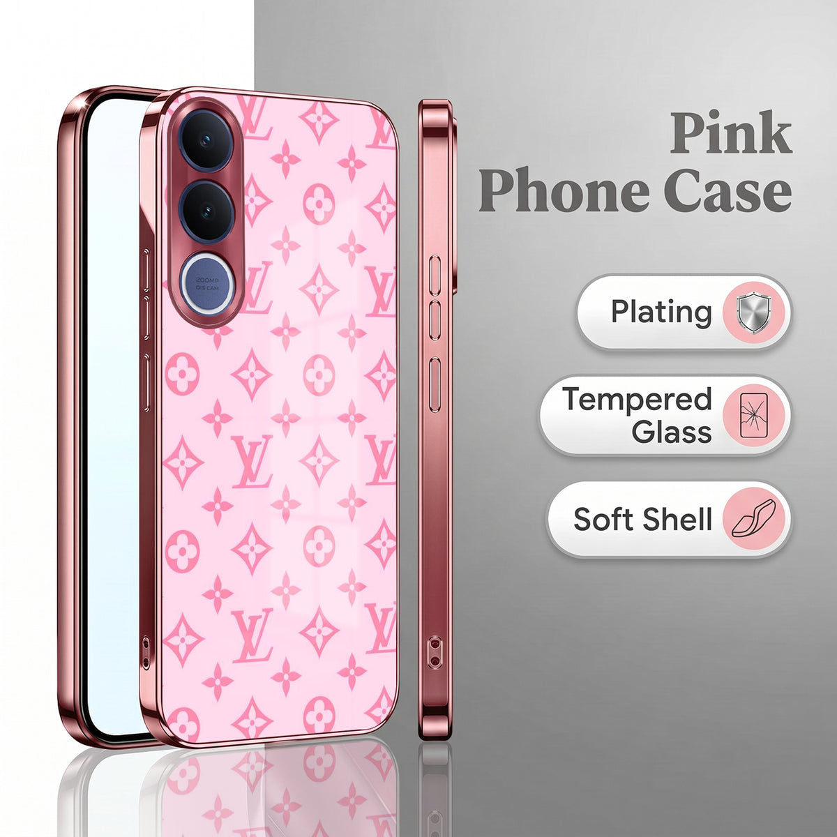 Vivo V70 FE 5G Luxury Monogram Pink Electroplated Glass Phone Back Case