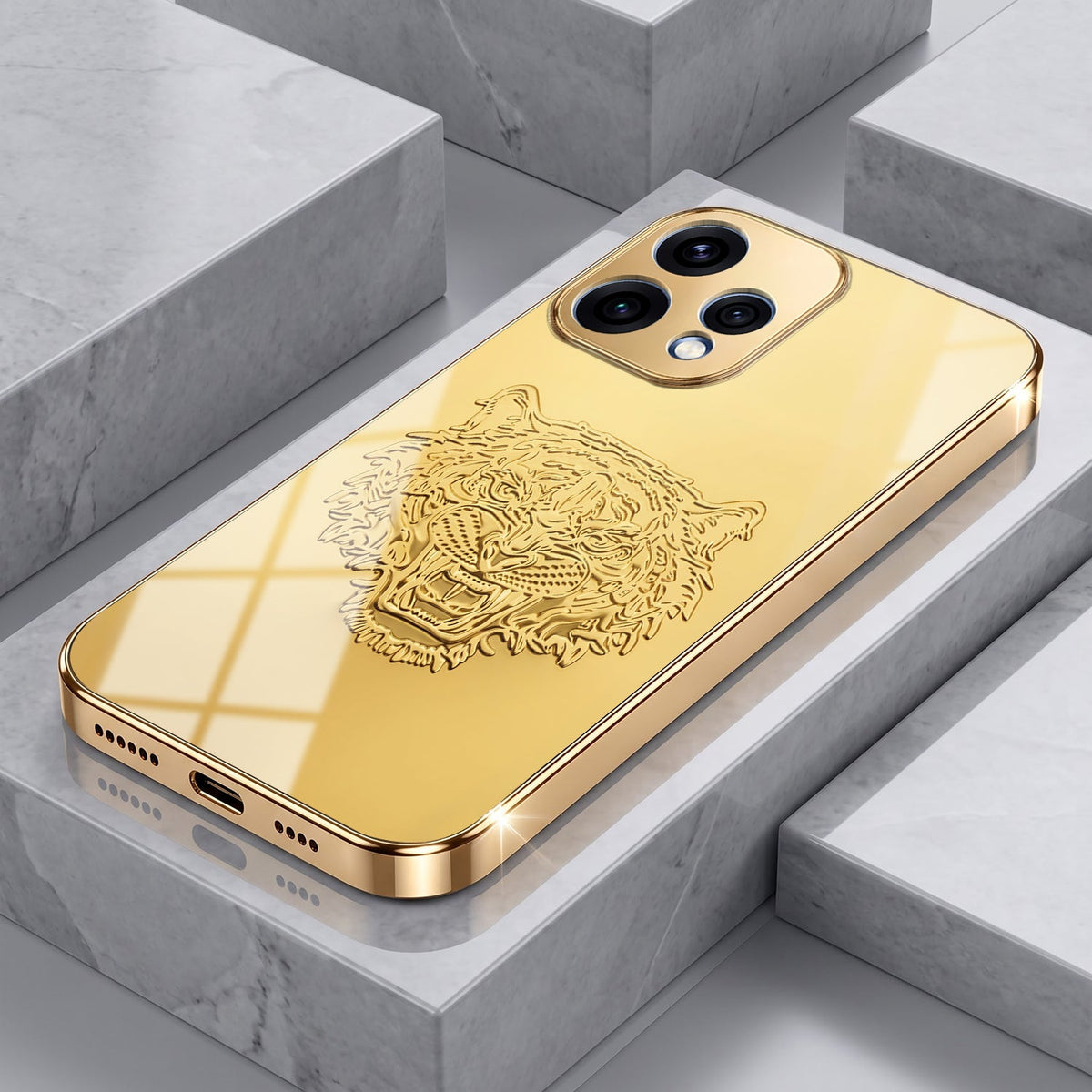 Oppo Reno 15 5G Golden Tiger Face Gold Electroplated Glass Phone Back Case